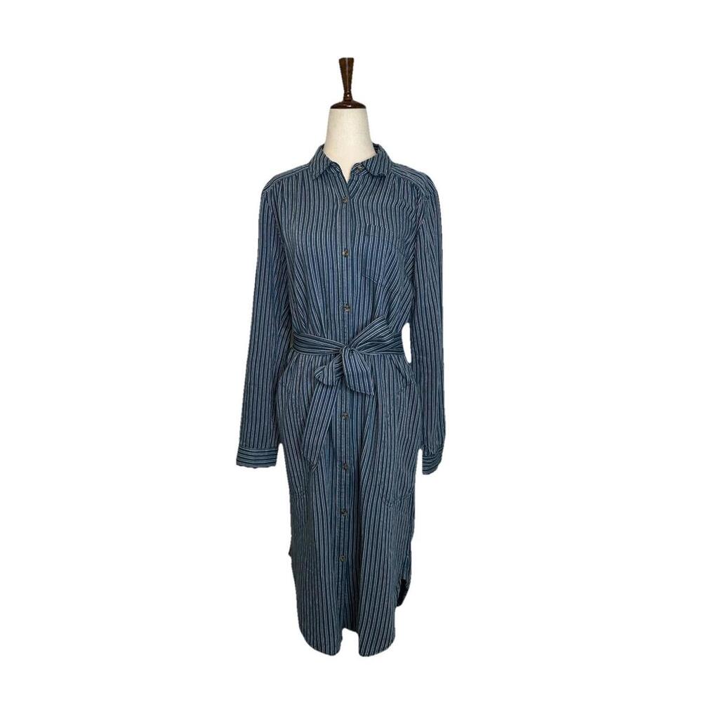 Anthropologie Bellamy Womens 8 Striped Roll Tab Sleeves Midi Shirtdress Belted - Picture 2 of 8